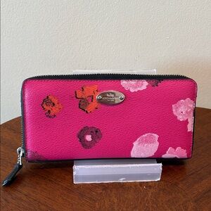 Coach long wallet  Zip-Around Wallet hot pink floral/white black orange coated c